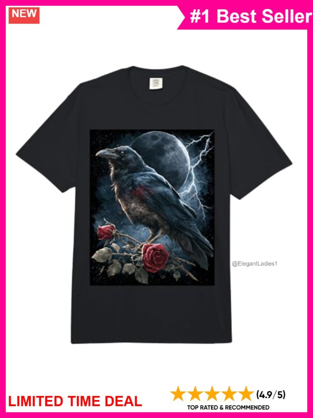 Gothic Raven Rose Moon Crewneck Tee Cotton Short Sleeve